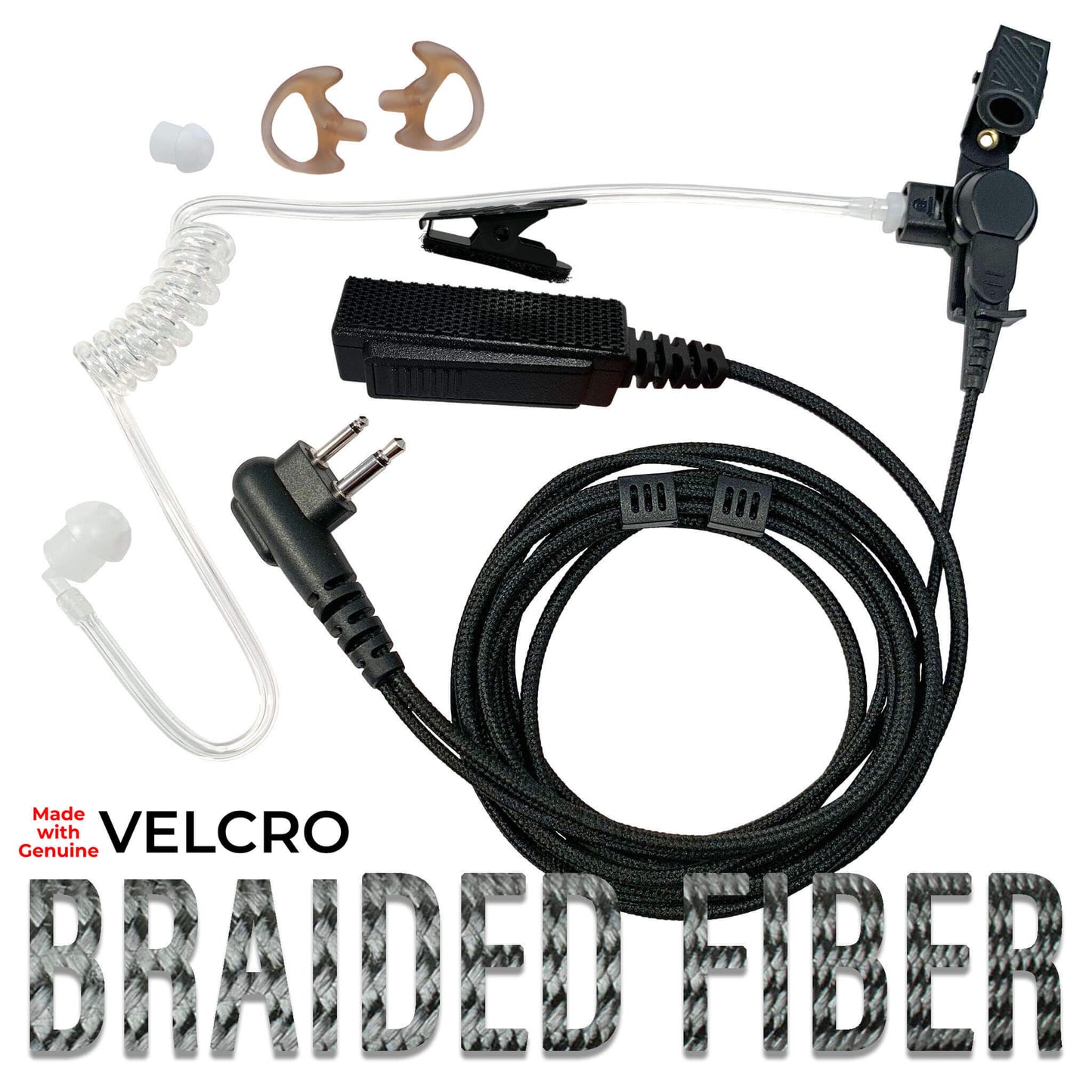 Velcro Tactical Braided Fiber Mic & Tube Earpiece Kit- Yaesu 2 Pin: FT-65, FT25, FT-4XR, FT-4VR