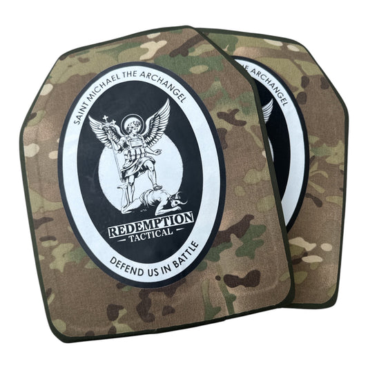 St Michael Archangel Plates Pair of 10x12 Level IV Ceramic PE Plates Ballistic FRONT AND BACK (SIZE SMALL to LARGE) Curved with Shooters Cut