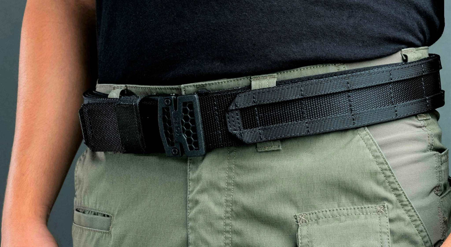 Close-up of Coyote Battle Belt micro-adjustable sizing track and nylon webbing
