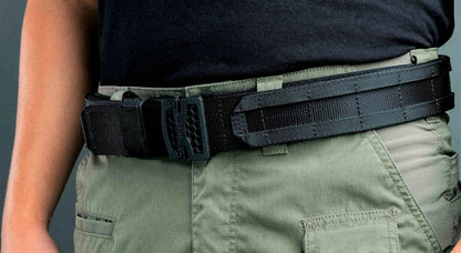 Close-up of Coyote Battle Belt micro-adjustable sizing track and nylon webbing