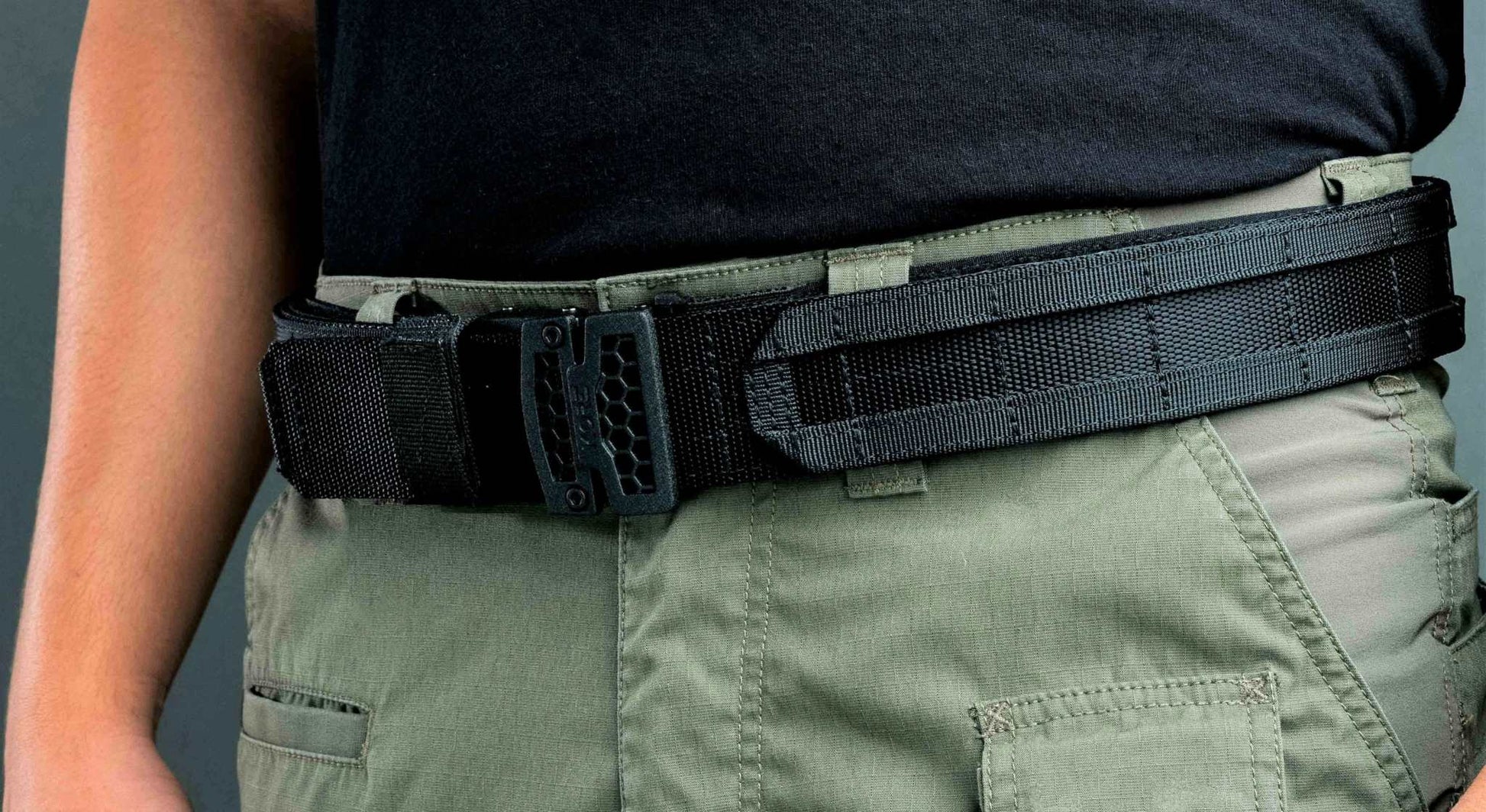 Detail of B1 Ranger Green battle belt showing micro-adjustable sizing and reinforced liner belt