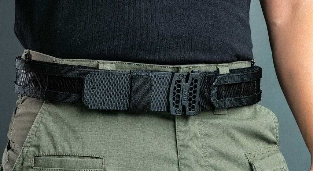 Side view of B1 Multicam Black tactical battle belt showcasing belt buckle and webbing