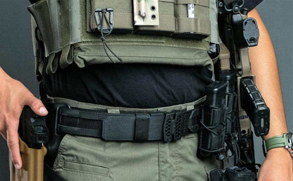 Close-up of B1 Multicam Black tactical battle belt gear attachments and reinforced liner belt