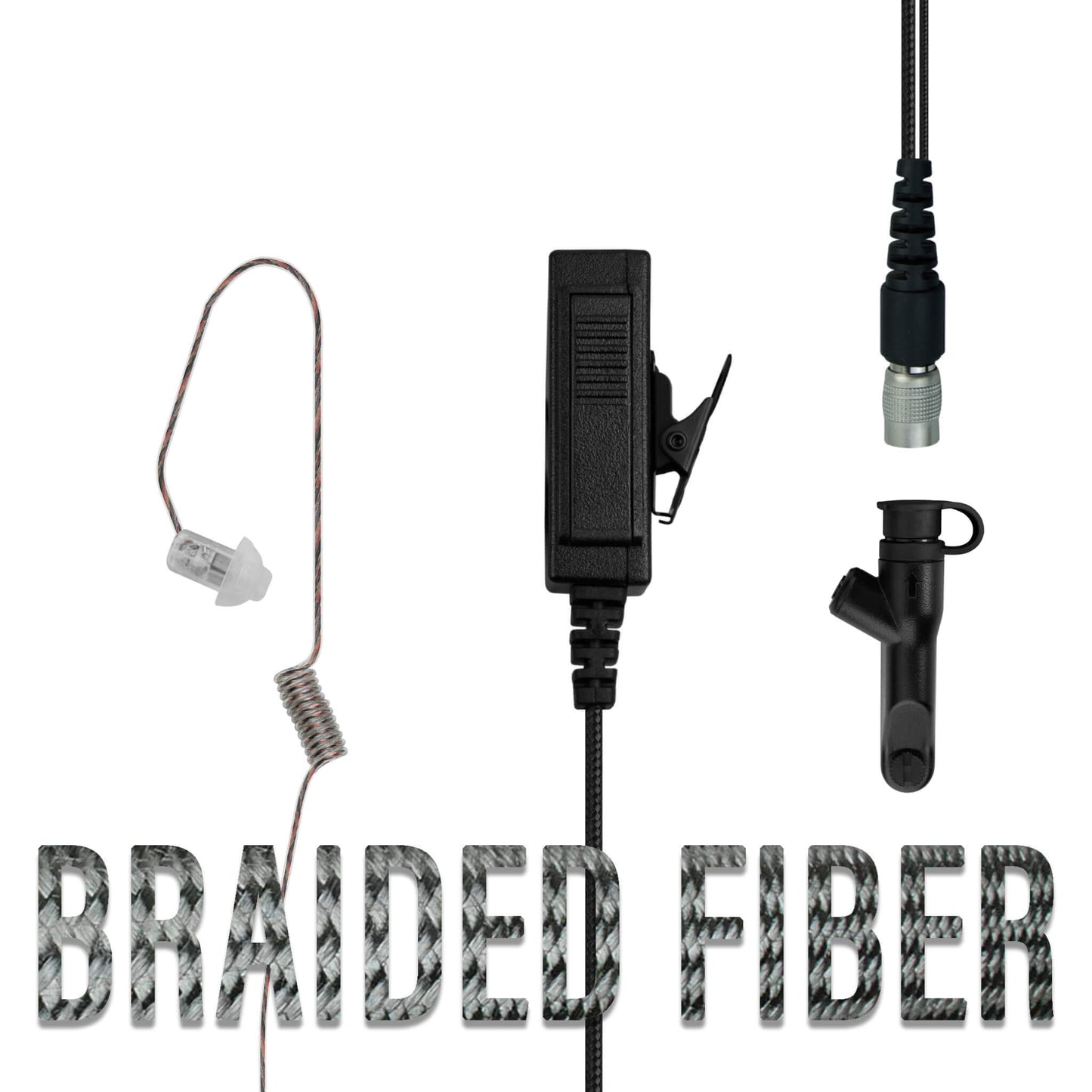 Braided Fiber Tactical Mic & Invisible Series Tubeless Earpiece Complete Kit w/ Quick Disconnect (Hirose) - Harris/Tait TP3000/7110/7100/8000/9000 Series
