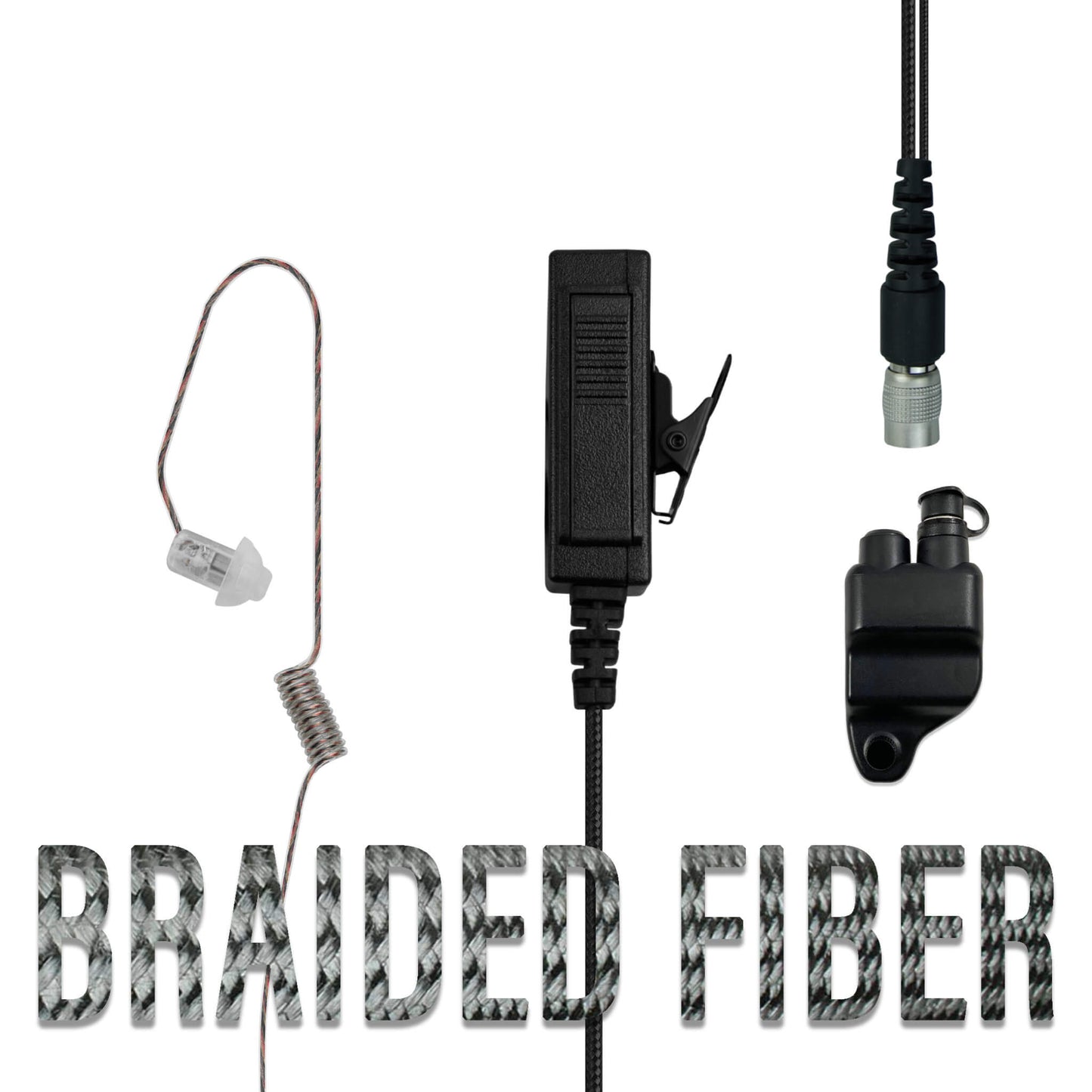 Braided Fiber Tactical Mic & Invisible Series Tubeless Earpiece Complete Kit w/ Quick Disconnect (Hirose) - Harris: All P5300 P5400 P5500 P7300 Series, XG-15/25/75, XL-45, XL-95 & More
