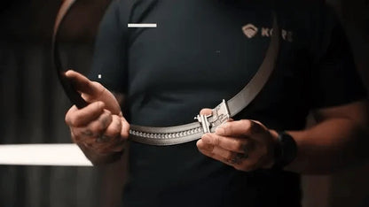 Side view of X3 leather gun belt showing gunmetal buckle and reinforced design