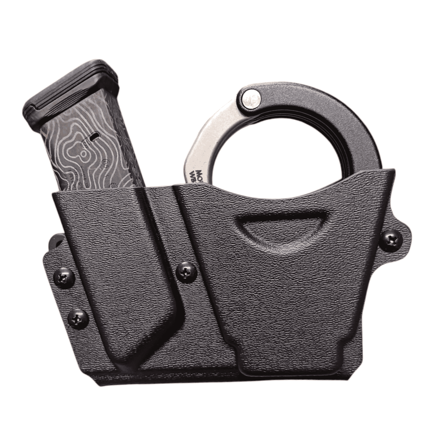 Adjustable handcuff and magazine holder on police duty belt