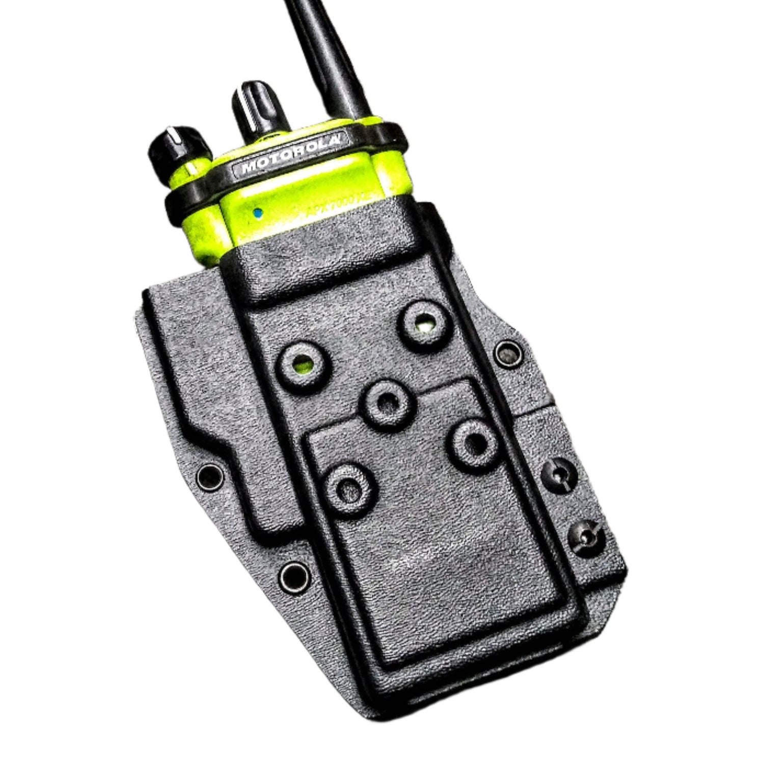 Main view of adjustable Motorola APX 6000 radio holder holster with ambidextrous design