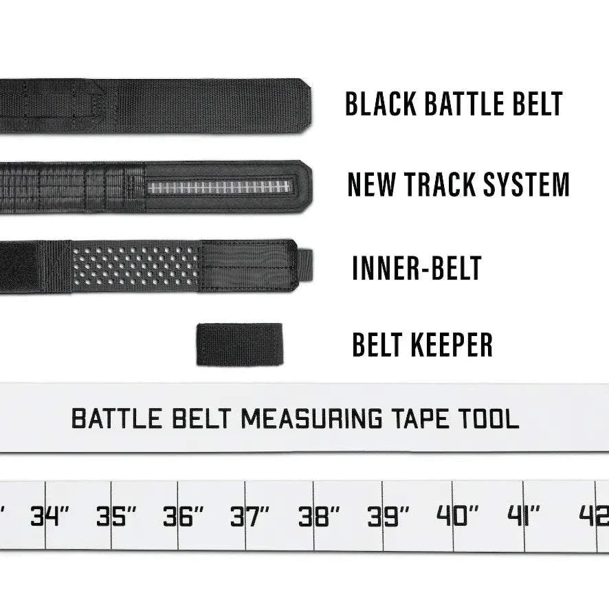 Diagram system details of B1 Multicam Black tactical battle belt components and sizing track