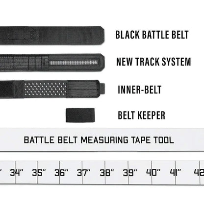Diagram system details of B1 Multicam Black tactical battle belt components and sizing track